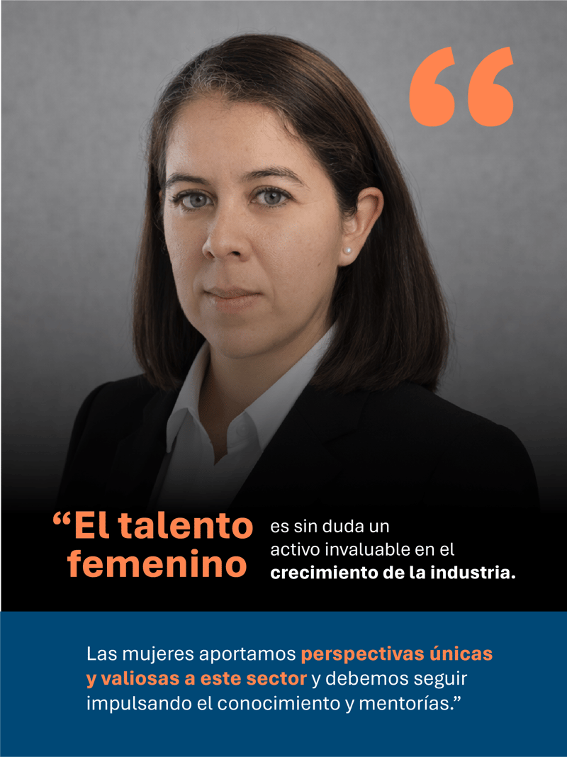 Retrato de una profesional del sector de infraestructura, acompañado de una cita sobre el papel del talento femenino en el crecimiento de la industria.